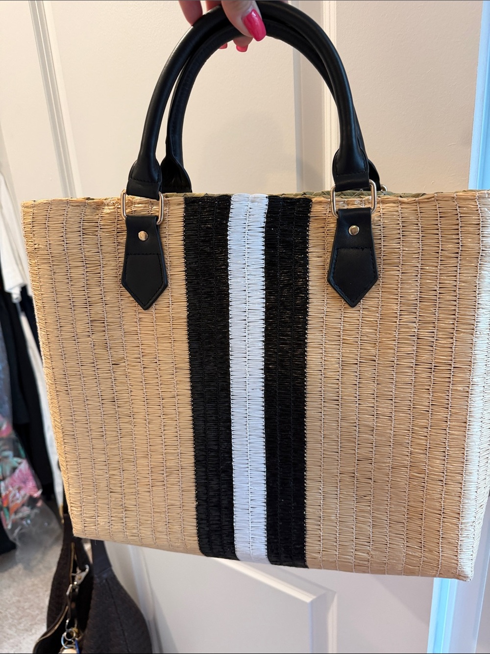 Anya & Niki Benicia Handwoven Natural Straw Tote with Black & White Stripe